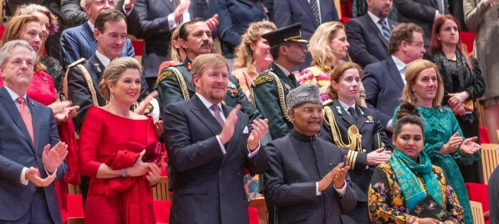 President Ram Nath Kovind along with King Willem-Alexander and Queen Maxima of the Netherlands at a cultural evening organised by the Indian Embassy at Amsterdam